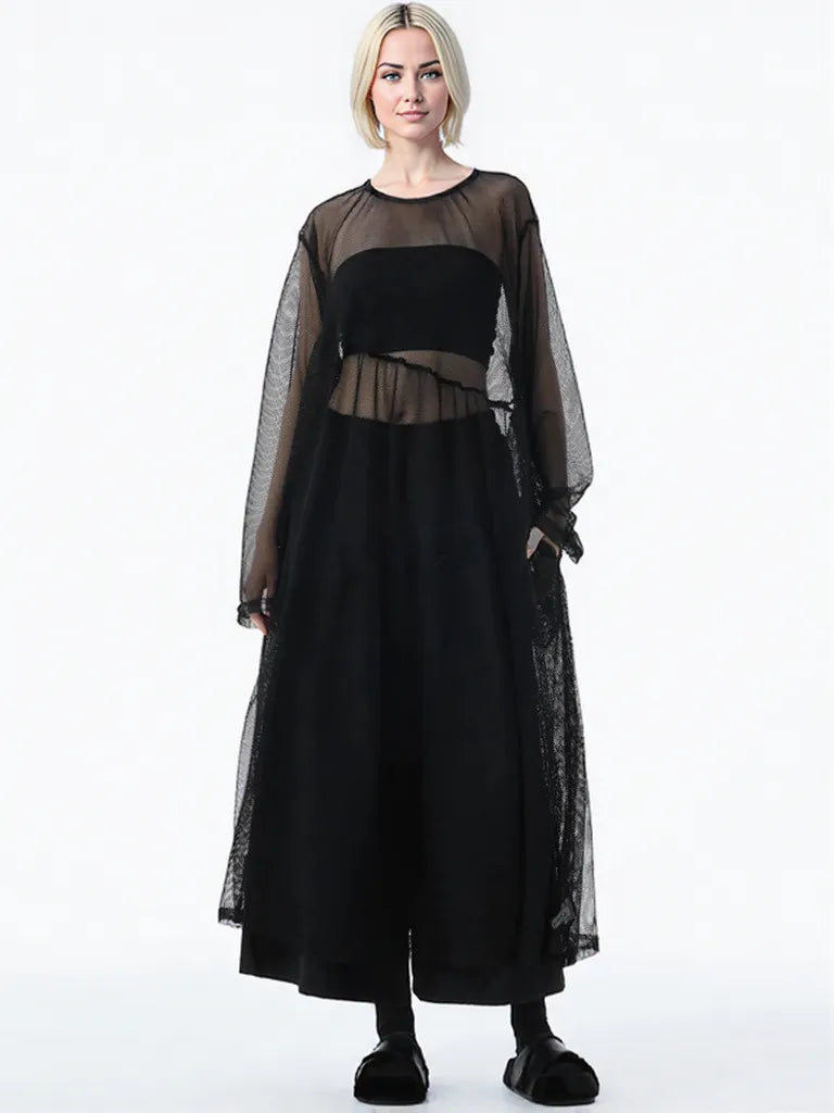 Sheer Drama Mesh Overlay Dress – Layered Elegance in Black, White & Pink-SimpleModerne