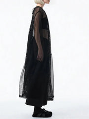 Sheer Drama Mesh Overlay Dress – Layered Elegance in Black, White & Pink-SimpleModerne