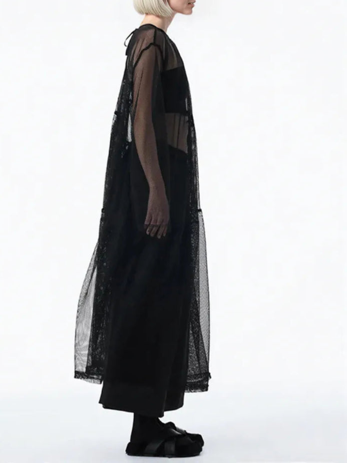 Sheer Drama Mesh Overlay Dress – Layered Elegance in Black, White & Pink-SimpleModerne