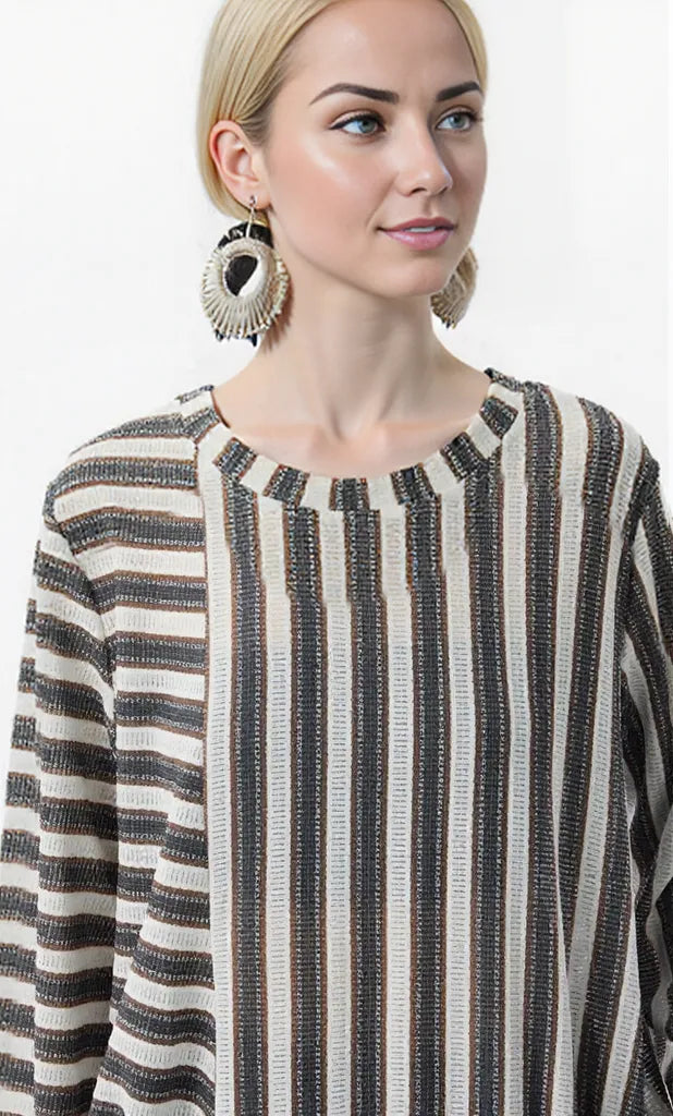 Striped Loose Pullover Midi-Maxi Dress – Coffee Brown Cotton Blend | Everyday Relaxed Fit-SimpleModerne