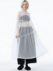 Sheer Drama Mesh Overlay Dress – Layered Elegance in Black, White & Pink-SimpleModerne