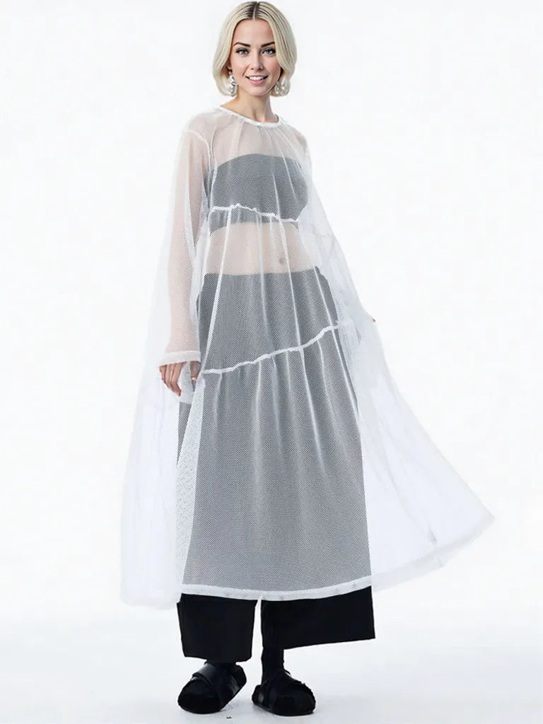 Sheer Drama Mesh Overlay Dress – Layered Elegance in Black, White & Pink-SimpleModerne