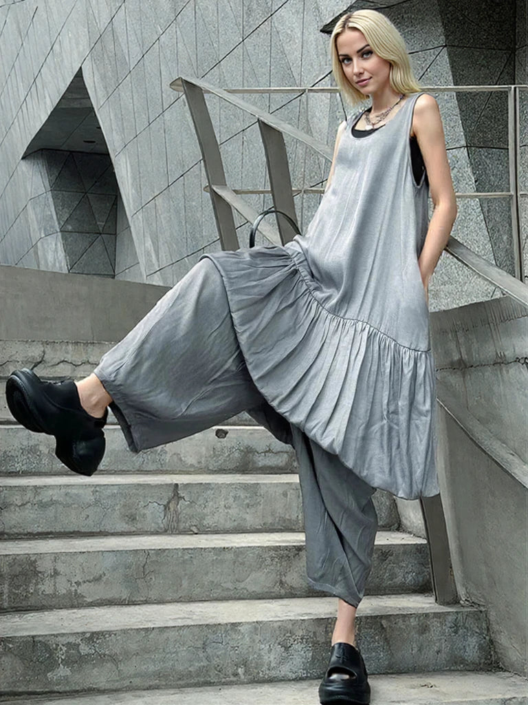 Sleeveless Layered Hem Dress – Charcoal Gray-SimpleModerne
