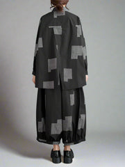 Urban Patchwork Two-Piece Set – Asymmetric Shirt & Wide Capri Pants-SimpleModerne
