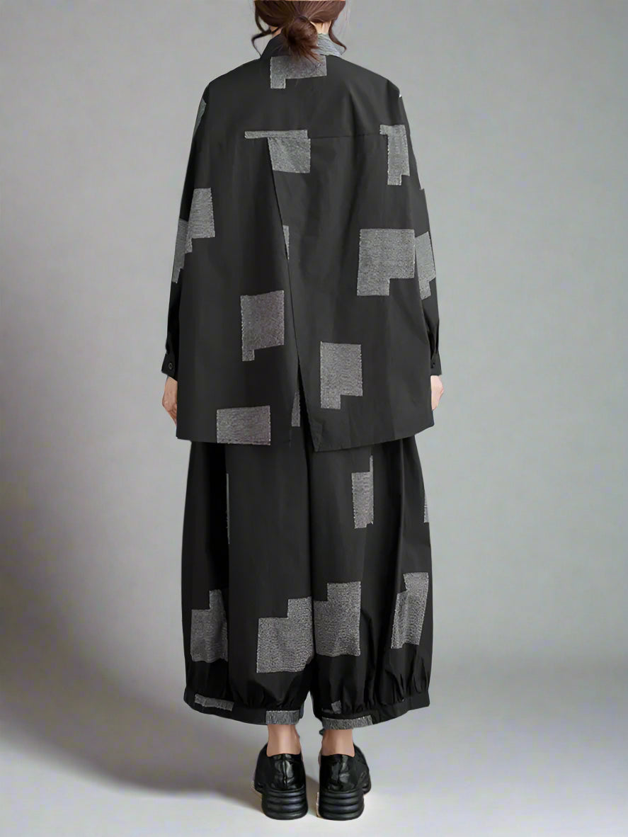 Urban Patchwork Two-Piece Set – Asymmetric Shirt & Wide Capri Pants-SimpleModerne