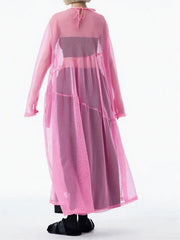 Sheer Drama Mesh Overlay Dress – Layered Elegance in Black, White & Pink-SimpleModerne