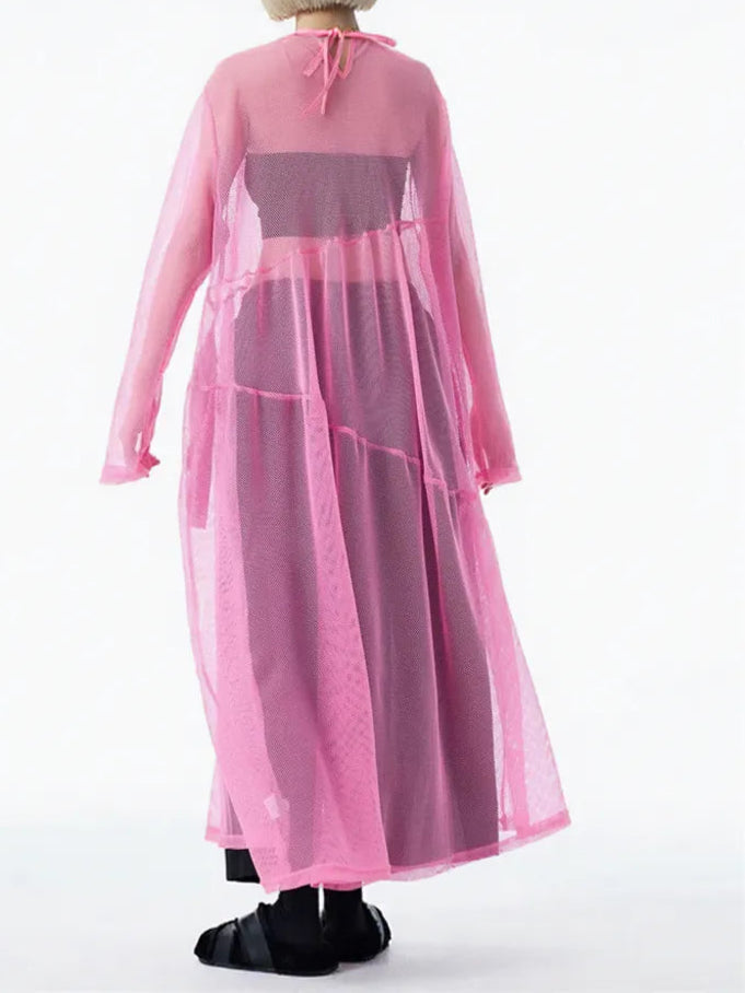 Sheer Drama Mesh Overlay Dress – Layered Elegance in Black, White & Pink-SimpleModerne