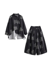 Urban Patchwork Two-Piece Set – Asymmetric Shirt & Wide Capri Pants-SimpleModerne