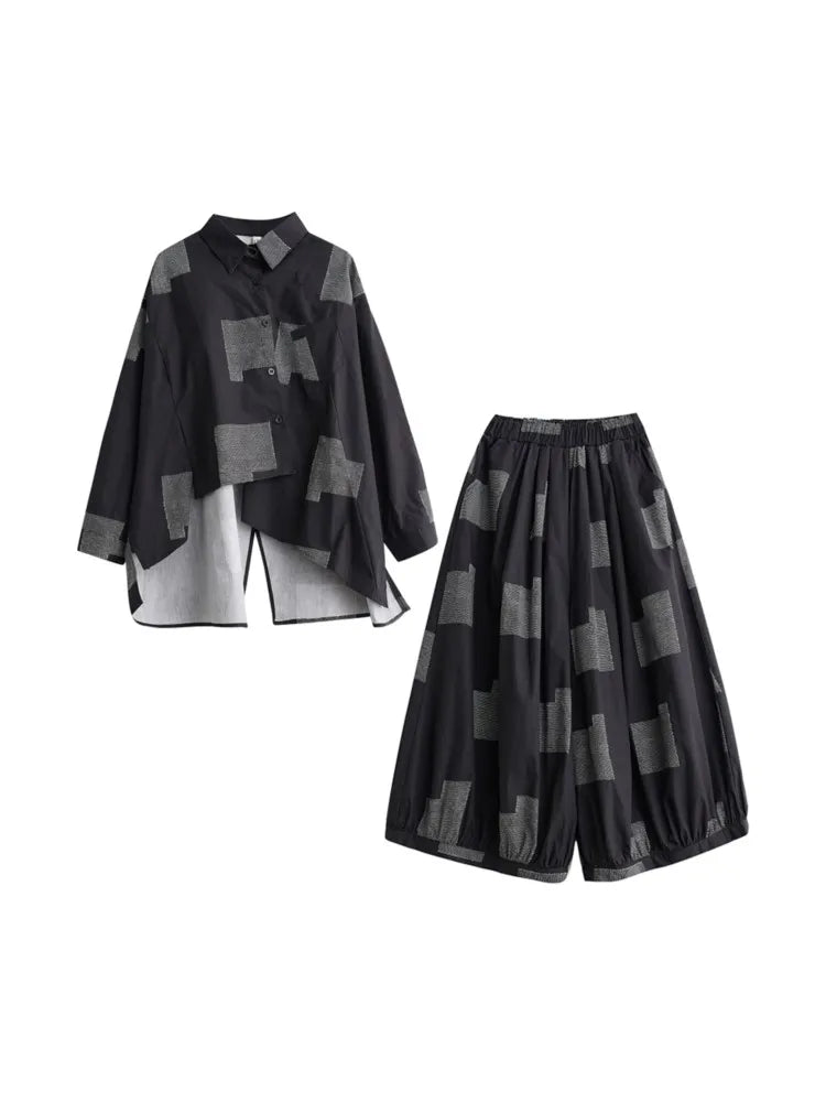 Urban Patchwork Two-Piece Set – Asymmetric Shirt & Wide Capri Pants-SimpleModerne