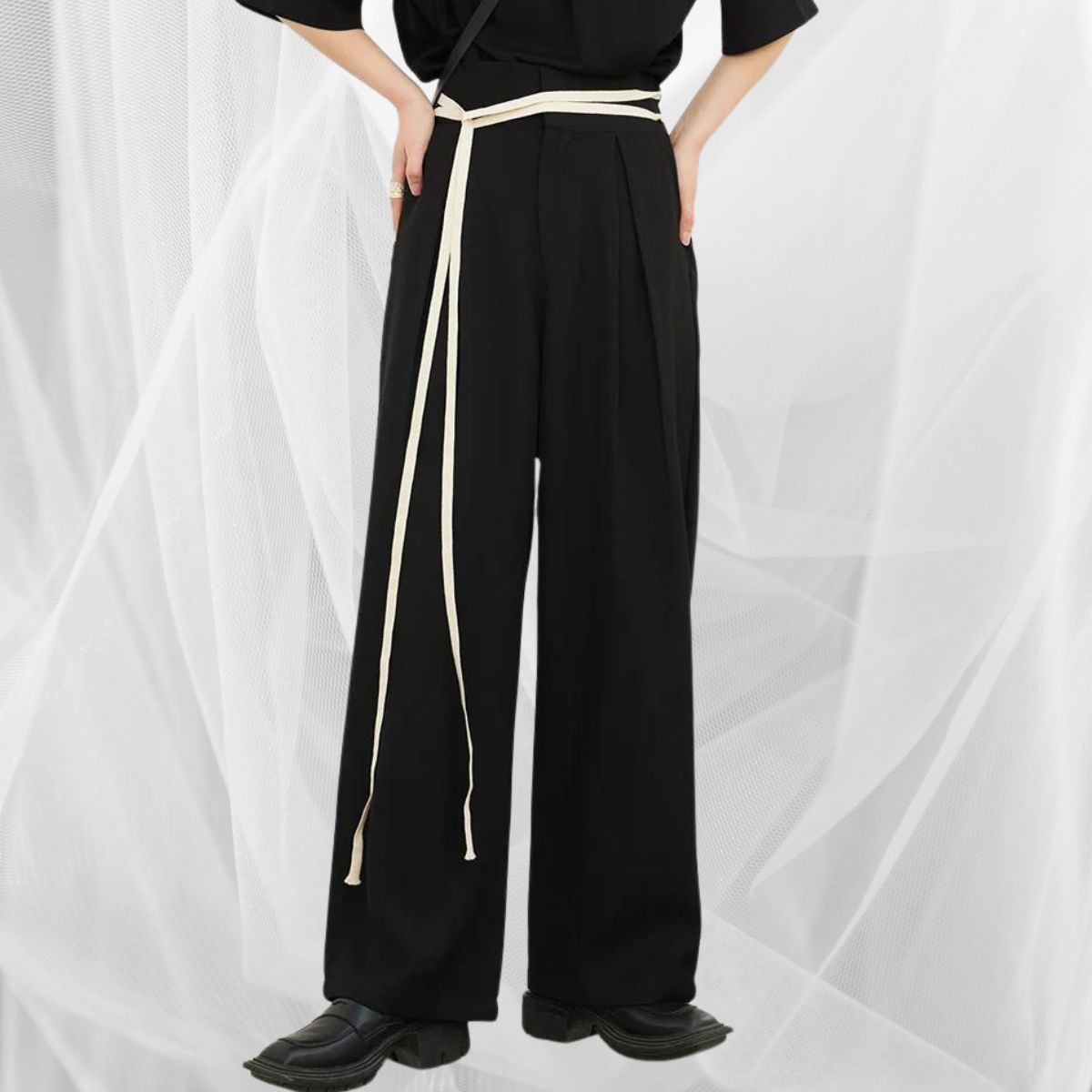 Casual Minimal Goth Belted Trousers