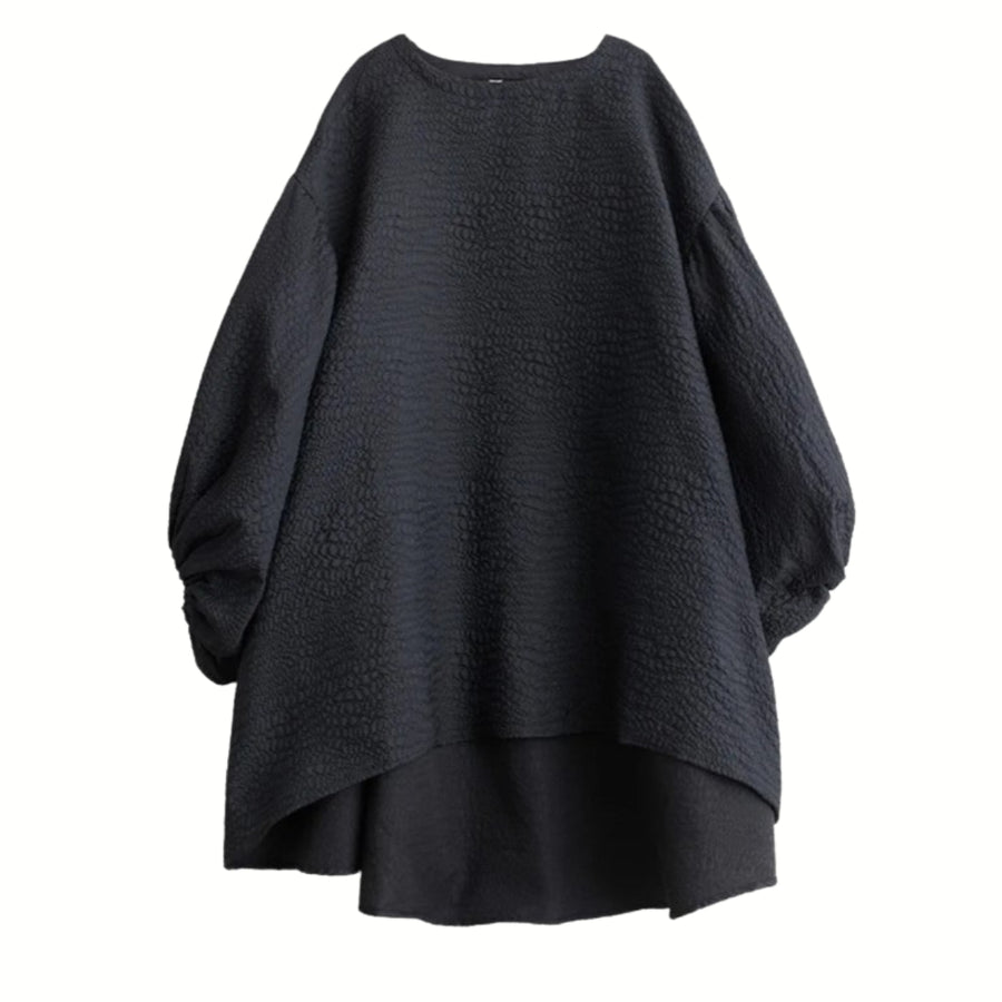 Oversized Lantern Sleeve Dress with Asymmetrical Hemline – Gothic Inspired Minimalism-SimpleModerne