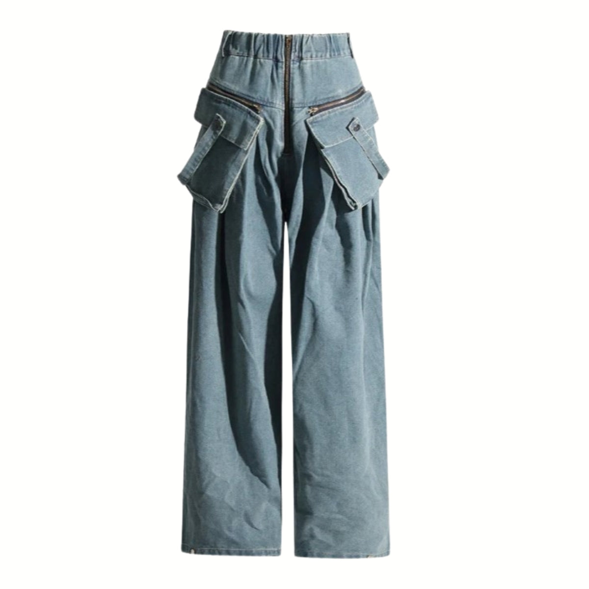 Vintage Wide-Leg Maxi Pocket Blue Jeans with Zipper Closure-SimpleModerne