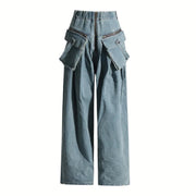 Vintage Wide-Leg Maxi Pocket Blue Jeans with Zipper Closure-SimpleModerne