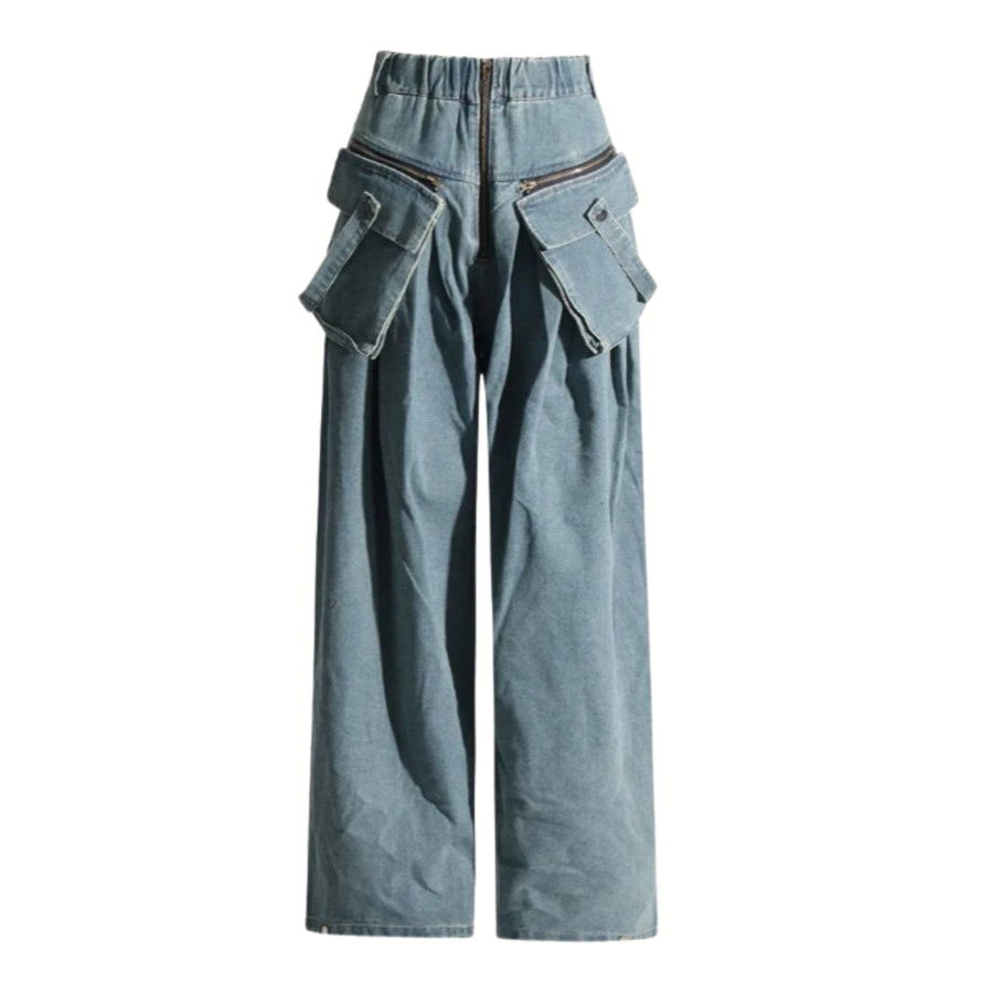 Vintage Wide-Leg Maxi Pocket Blue Jeans with Zipper Closure-SimpleModerne