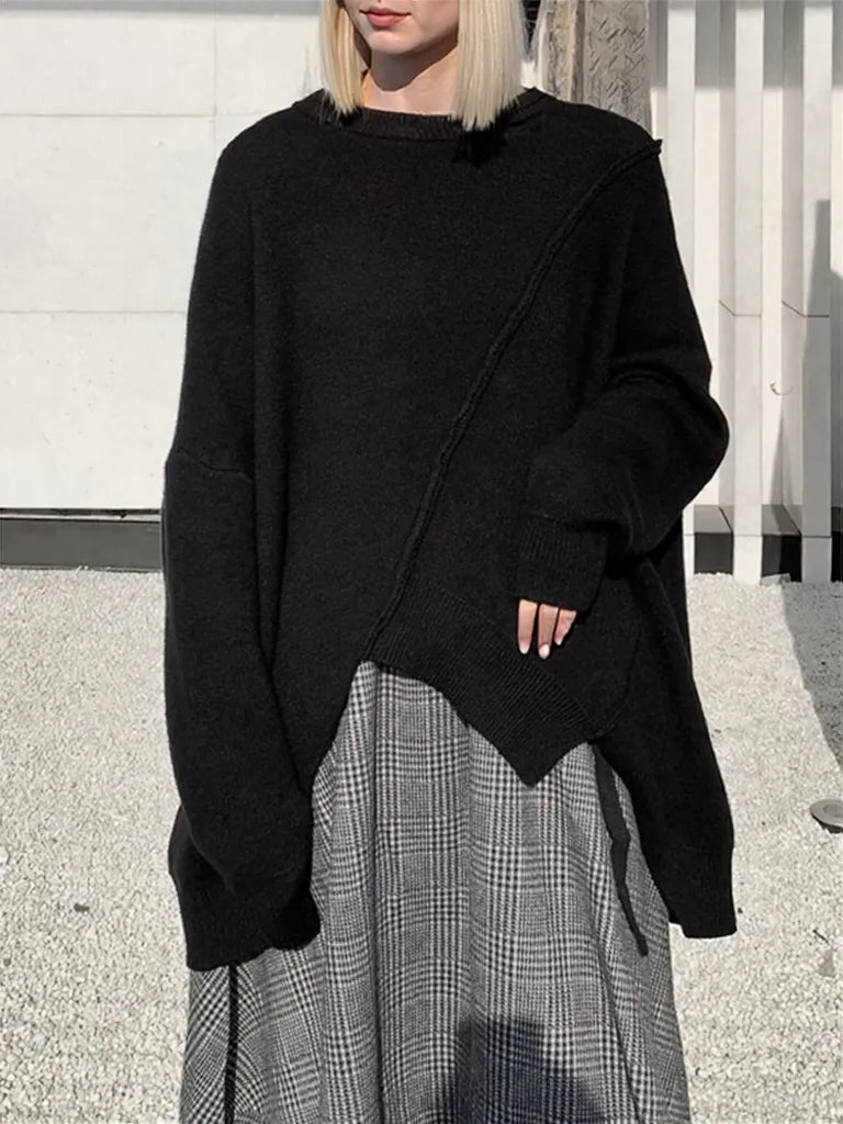 Oversized Black Knit Sweater – Asymmetrical Hem & Raglan Sleeves-SimpleModerne