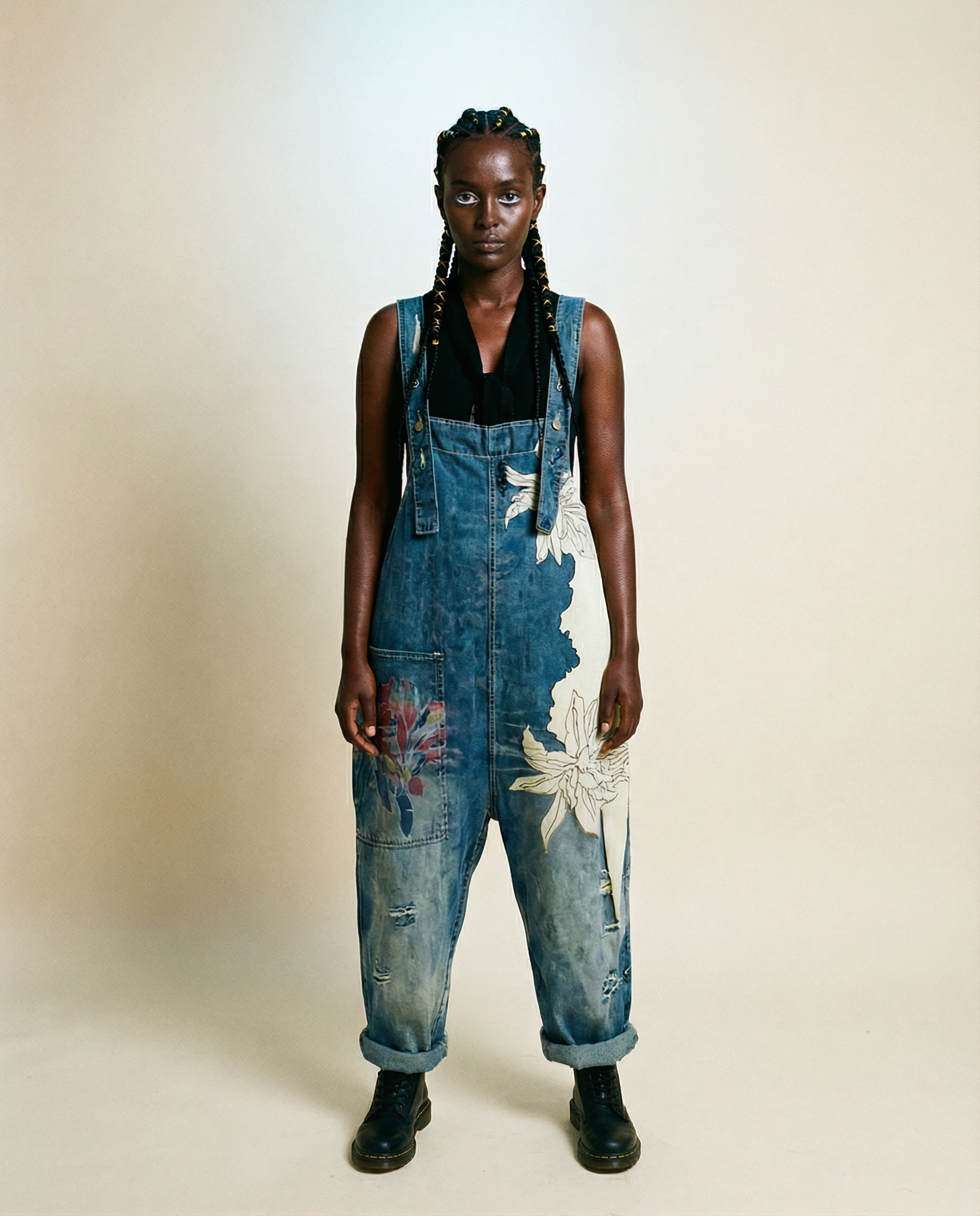 Vintage Oversized Capri Denim Overalls with Floral Print & Distressed Details-SimpleModerne