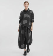 Urban Patchwork Two-Piece Set – Asymmetric Shirt & Wide Capri Pants