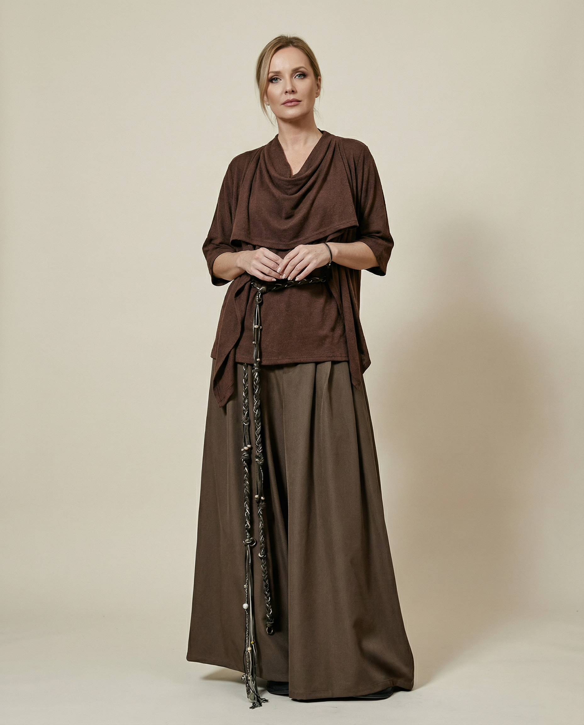 Draped Layered Split-Front Top – Relaxed Fit in Gray, Beige & Brown-SimpleModerne