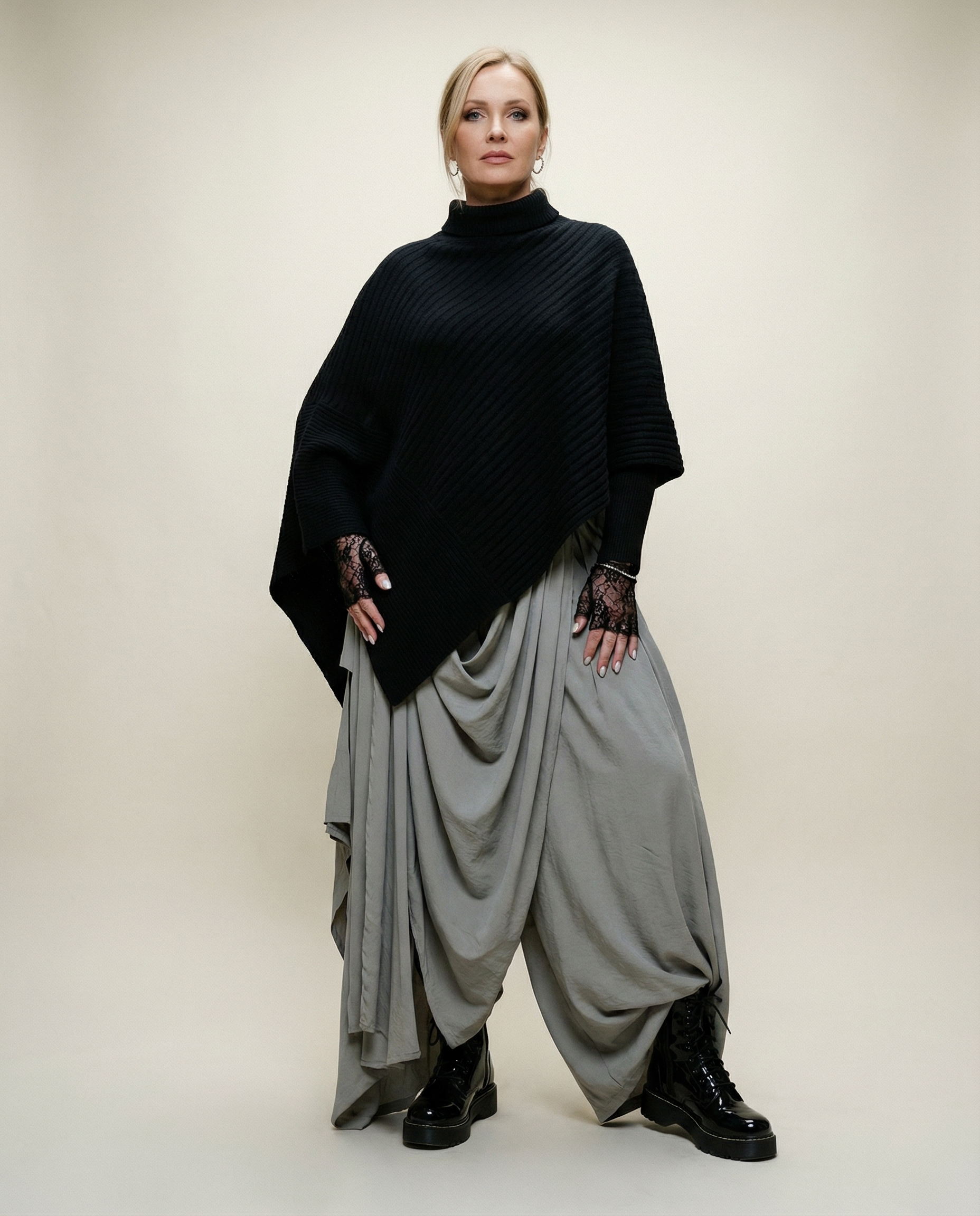 Draped Layered Wide-Leg Trousers – Soft Lightweight Fabric in Mist Grey & Black-SimpleModerne