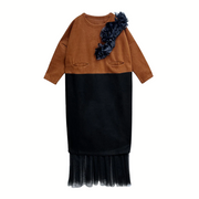Two-Tone Midi Dress with Ruffled Chiffon Detail – Rust & Black-SimpleModerne