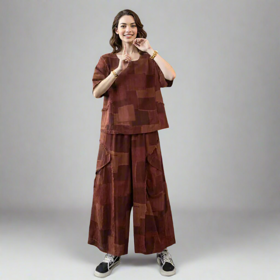 Patchwork Burnt Brick Two-Piece Set (Top & Pants)-SimpleModerne