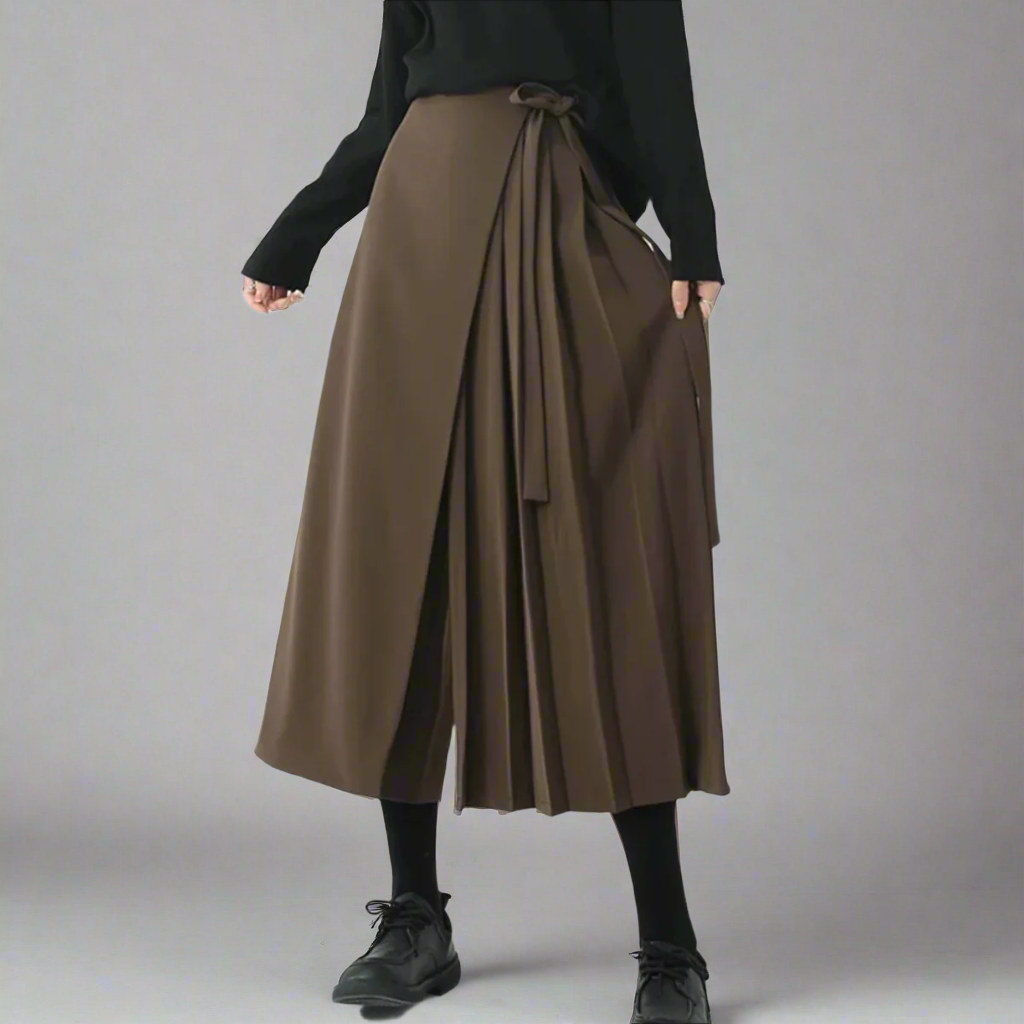 Asymmetrical Skirt-Pant Hybrid with Pleated Overlay - Coffee Brown-SimpleModerne