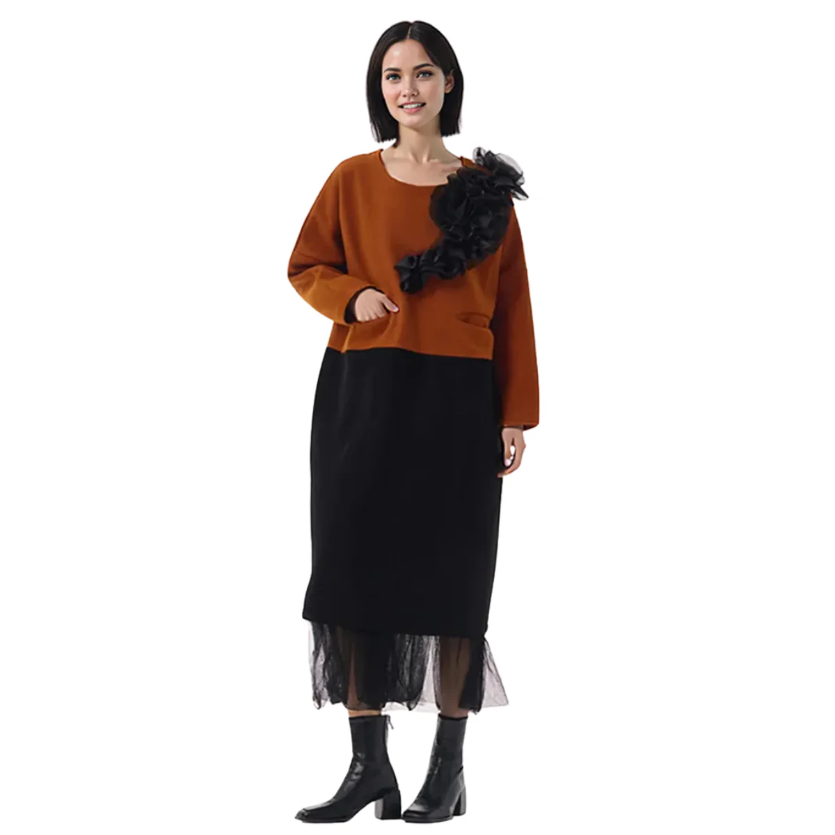 Two-Tone Midi Dress with Ruffled Chiffon Detail – Rust & Black-SimpleModerne