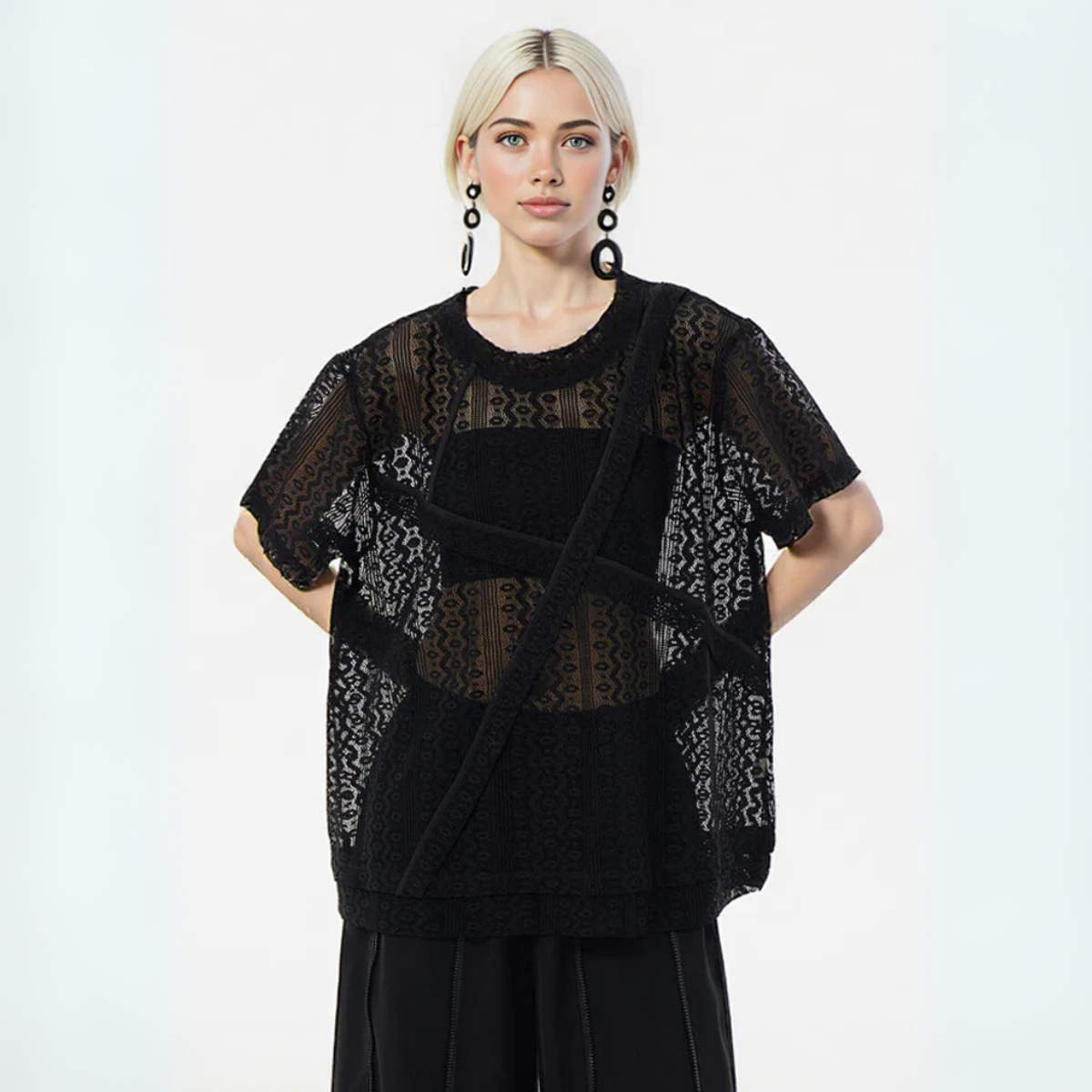 Sheer Lace Overlay Top – Short Sleeve, Relaxed Fit, Statement Layering Piece-SimpleModerne