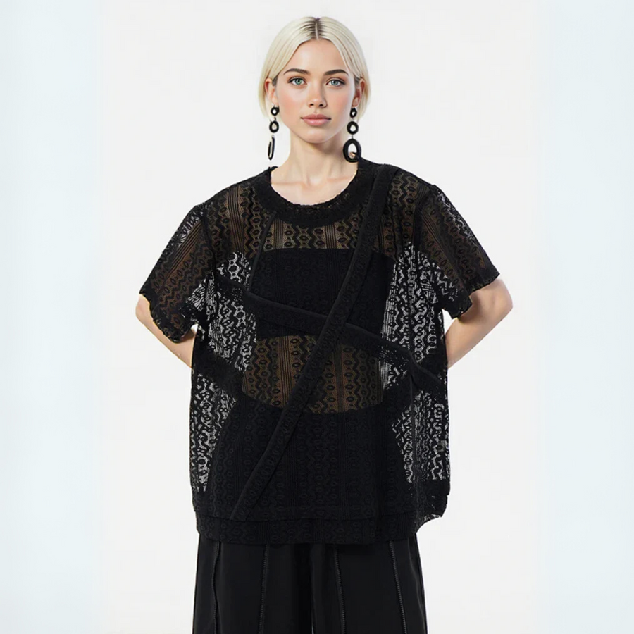 Sheer Lace Overlay Top – Short Sleeve, Relaxed Fit, Statement Layering Piece-SimpleModerne
