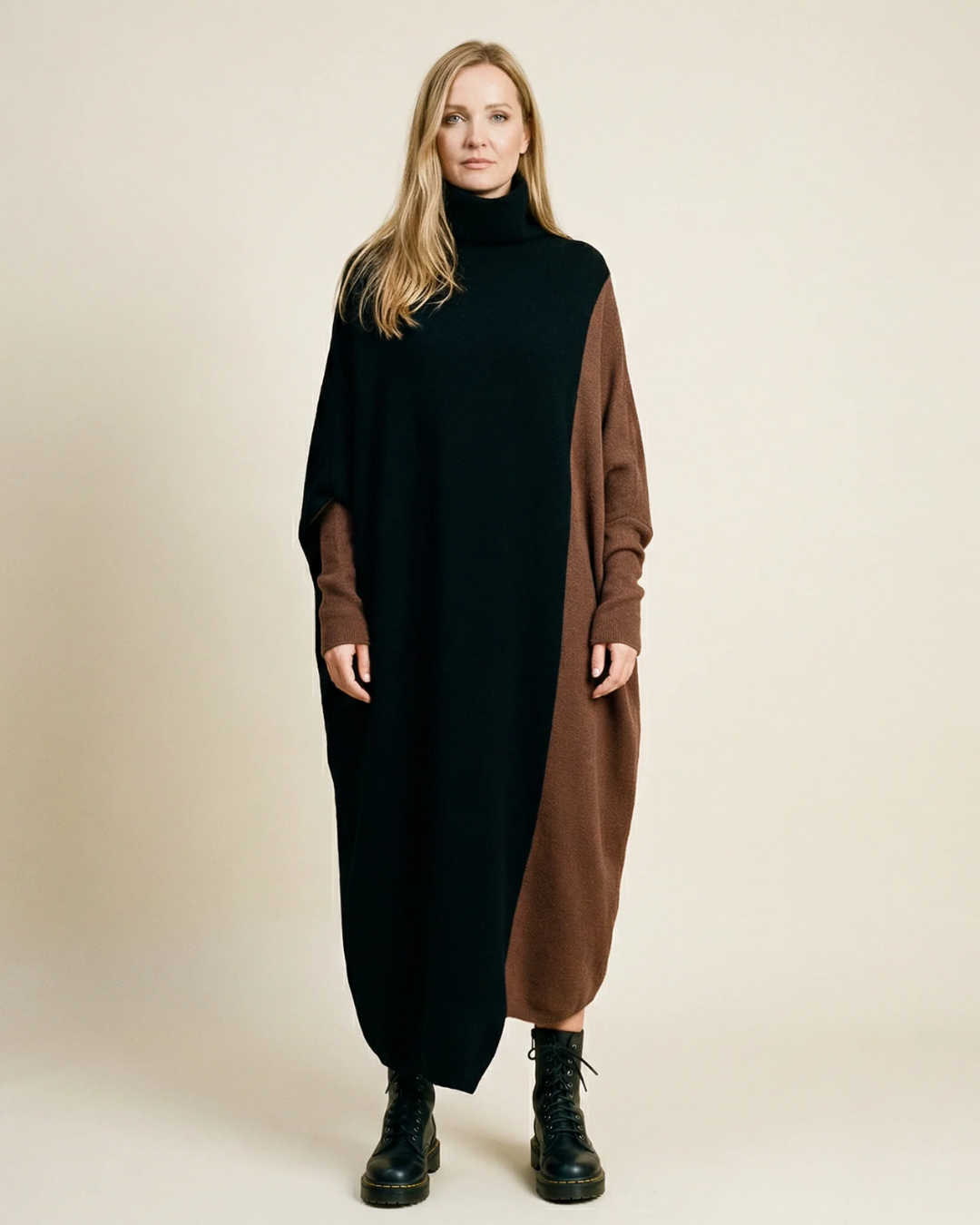 Oversized Coffee Brown & Black Colorblock Knit Maxi Pullover Dress – Asymmetrical Turtleneck Statement-SimpleModerne