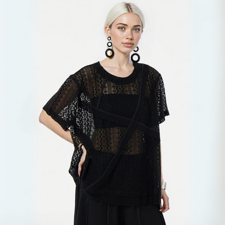 Sheer Lace Overlay Top – Short Sleeve, Relaxed Fit, Statement Layering Piece-SimpleModerne