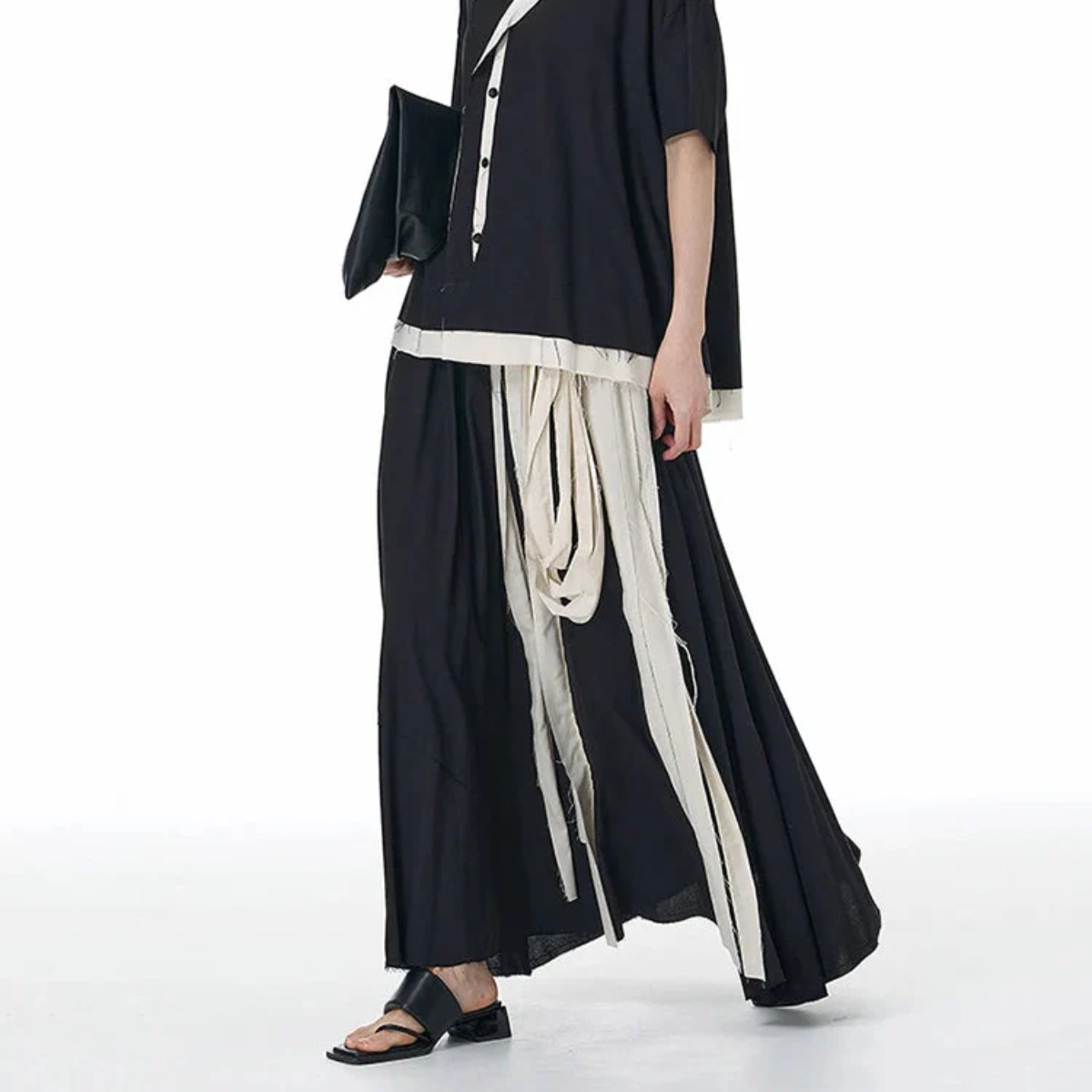 Black Deconstructed Maxi Skirt with Contrast Strips – Asymmetrical Raw Edge Detail-SimpleModerne