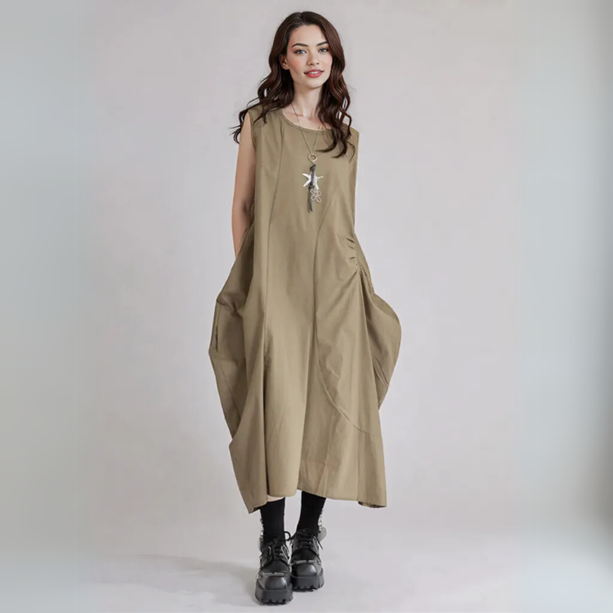 Sleeveless Khaki Cargo Maxi Dress with Pockets – Minimal Utility Style