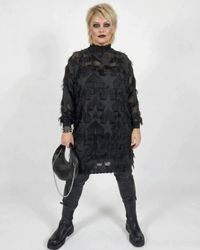 Edgy Sheer Pullover Dress with Side Splits and Textured Star Details-SimpleModerne