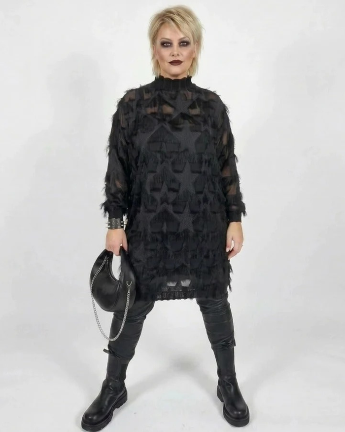 Edgy Sheer Pullover Dress with Side Splits and Textured Star Details-SimpleModerne