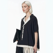 Black & Cream Contrast Button-Up Blouse – Patchwork Trim with Raw Edges-SimpleModerne