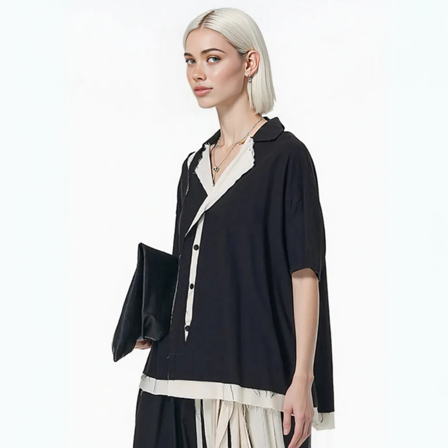 Black & Cream Contrast Button-Up Blouse – Patchwork Trim with Raw Edges-SimpleModerne