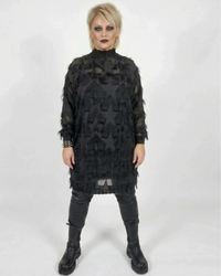 Edgy Sheer Pullover Dress with Side Splits and Textured Star Details-SimpleModerne