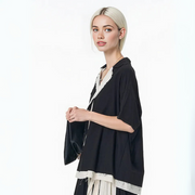 Black & Cream Contrast Button-Up Blouse – Patchwork Trim with Raw Edges-SimpleModerne