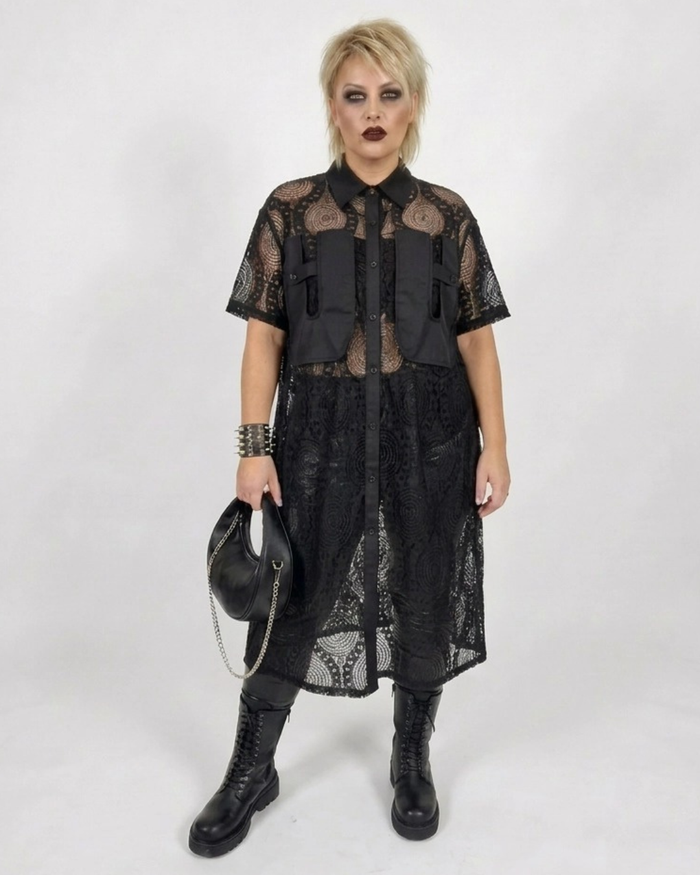 Gothic Style Black Lace See-Through Shirt Dress with Button Closure-SimpleModerne