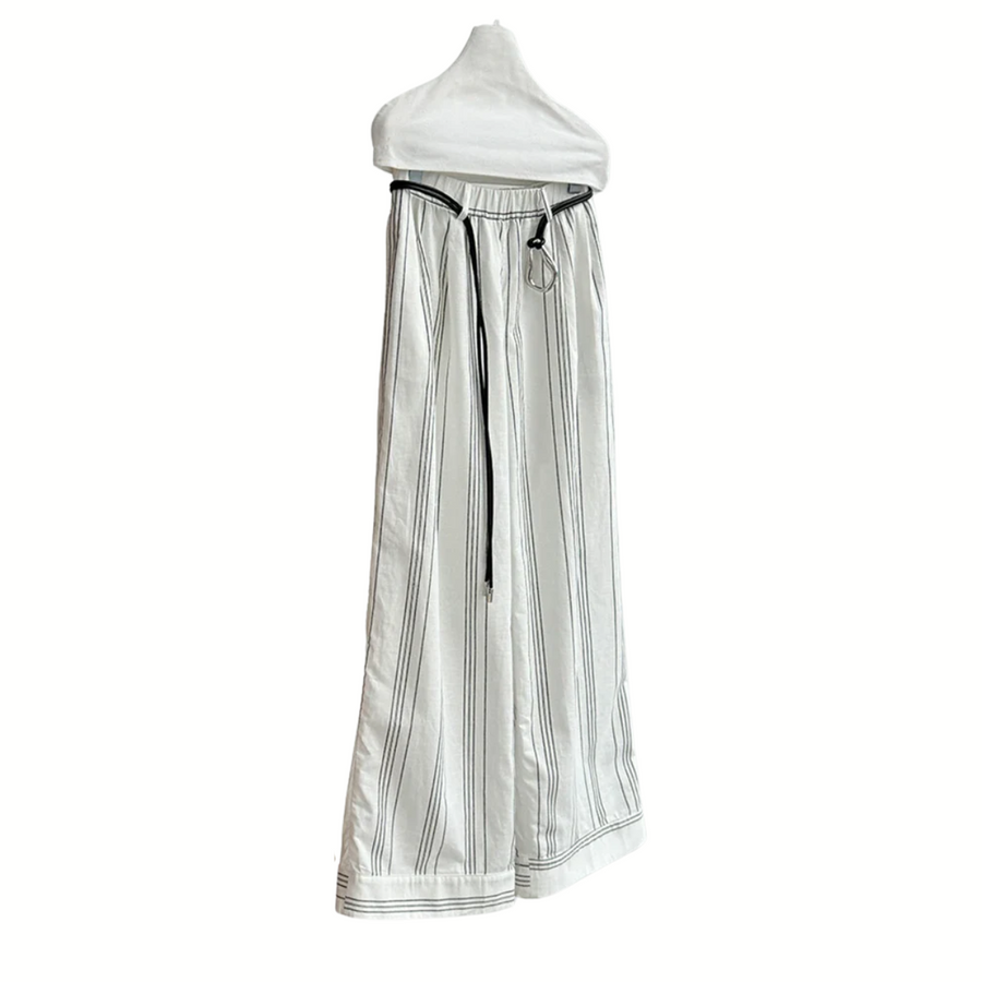 White Striped Wide-Leg Trousers – Cotton Linen Blend with Belt Detail-SimpleModerne