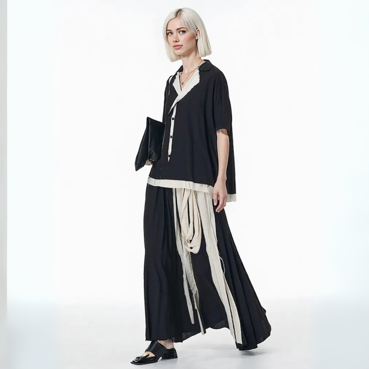 Black & Cream Contrast Button-Up Blouse – Patchwork Trim with Raw Edges-SimpleModerne