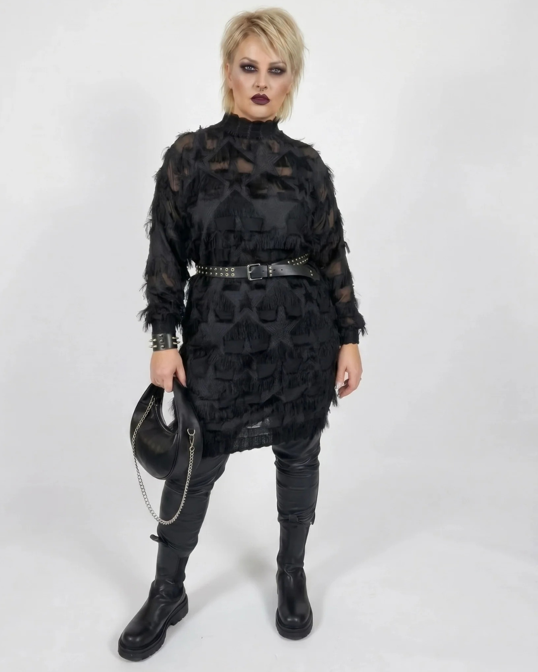 Edgy Sheer Pullover Dress with Side Splits and Textured Star Details-SimpleModerne