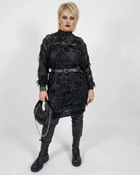 Edgy Sheer Pullover Dress with Side Splits and Textured Star Details-SimpleModerne