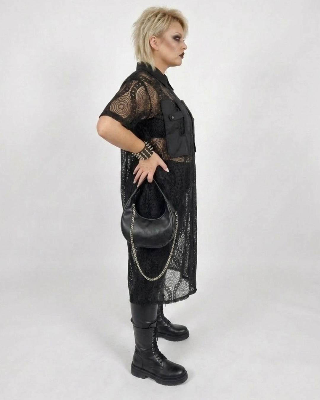 Gothic Style Black Lace See-Through Shirt Dress with Button Closure-SimpleModerne