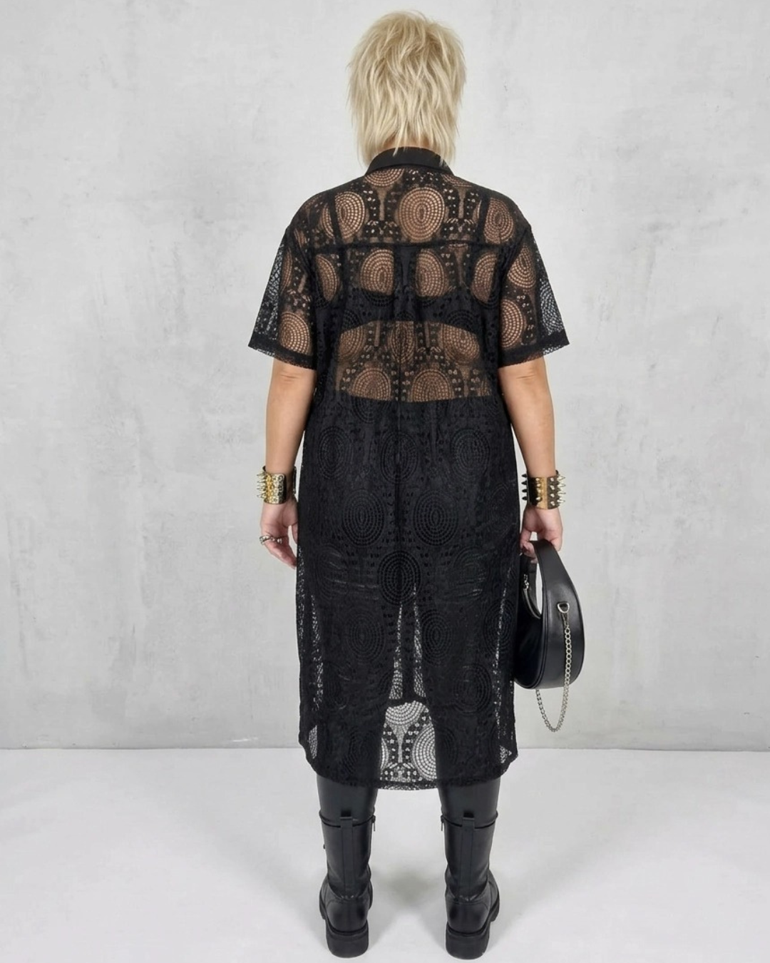 Gothic Style Black Lace See-Through Shirt Dress with Button Closure-SimpleModerne