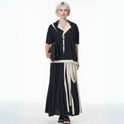 Black Deconstructed Maxi Skirt with Contrast Strips – Asymmetrical Raw Edge Detail-SimpleModerne