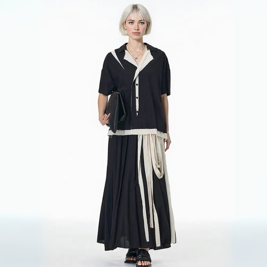 Black Deconstructed Maxi Skirt with Contrast Strips – Asymmetrical Raw Edge Detail-SimpleModerne