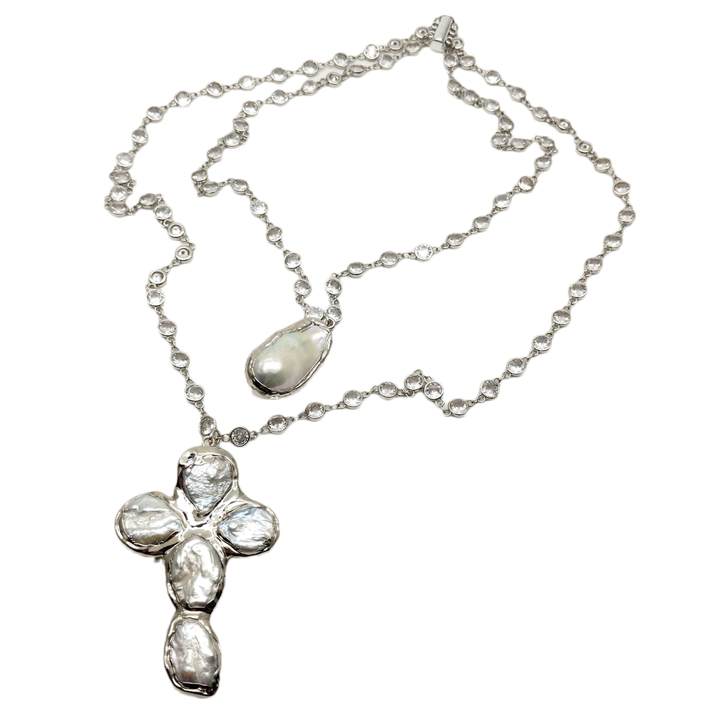 Baroque Pearl Cross Necklace-SimpleModerne