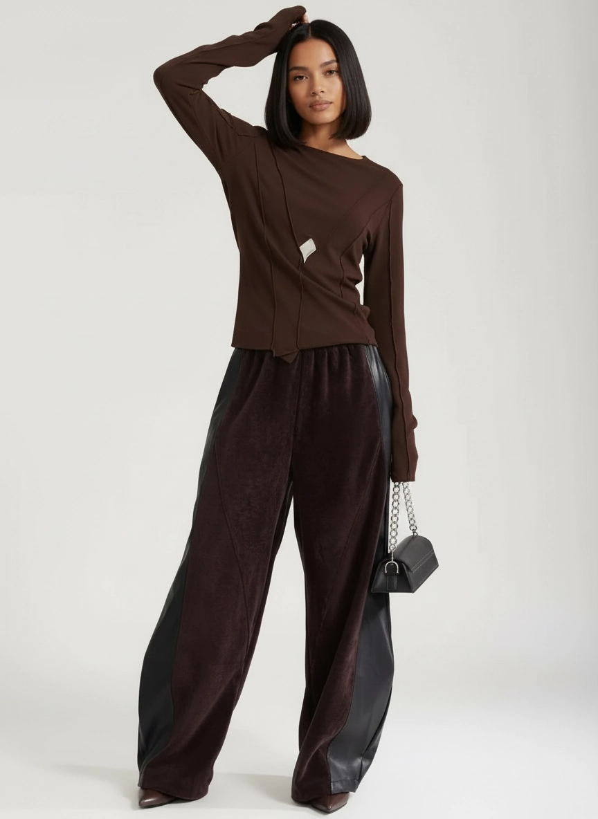 Vegan Leather Patchwork Relaxed Trousers - Coffee Brown & Black-SimpleModerne